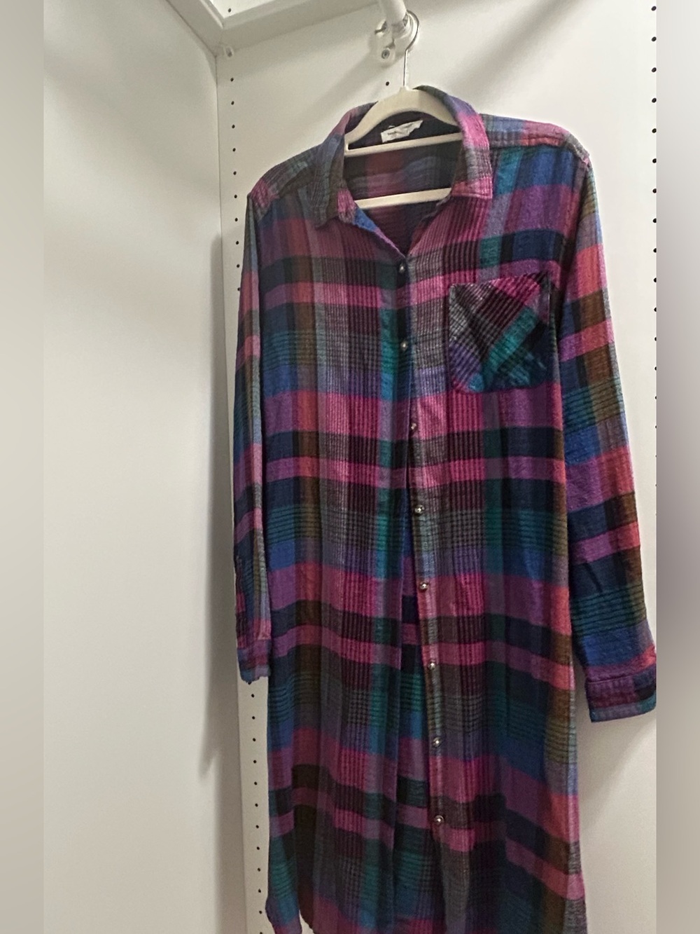 beachlunchlounge Plaid Button-Front Long Sleeve Dress in Purple and Teal